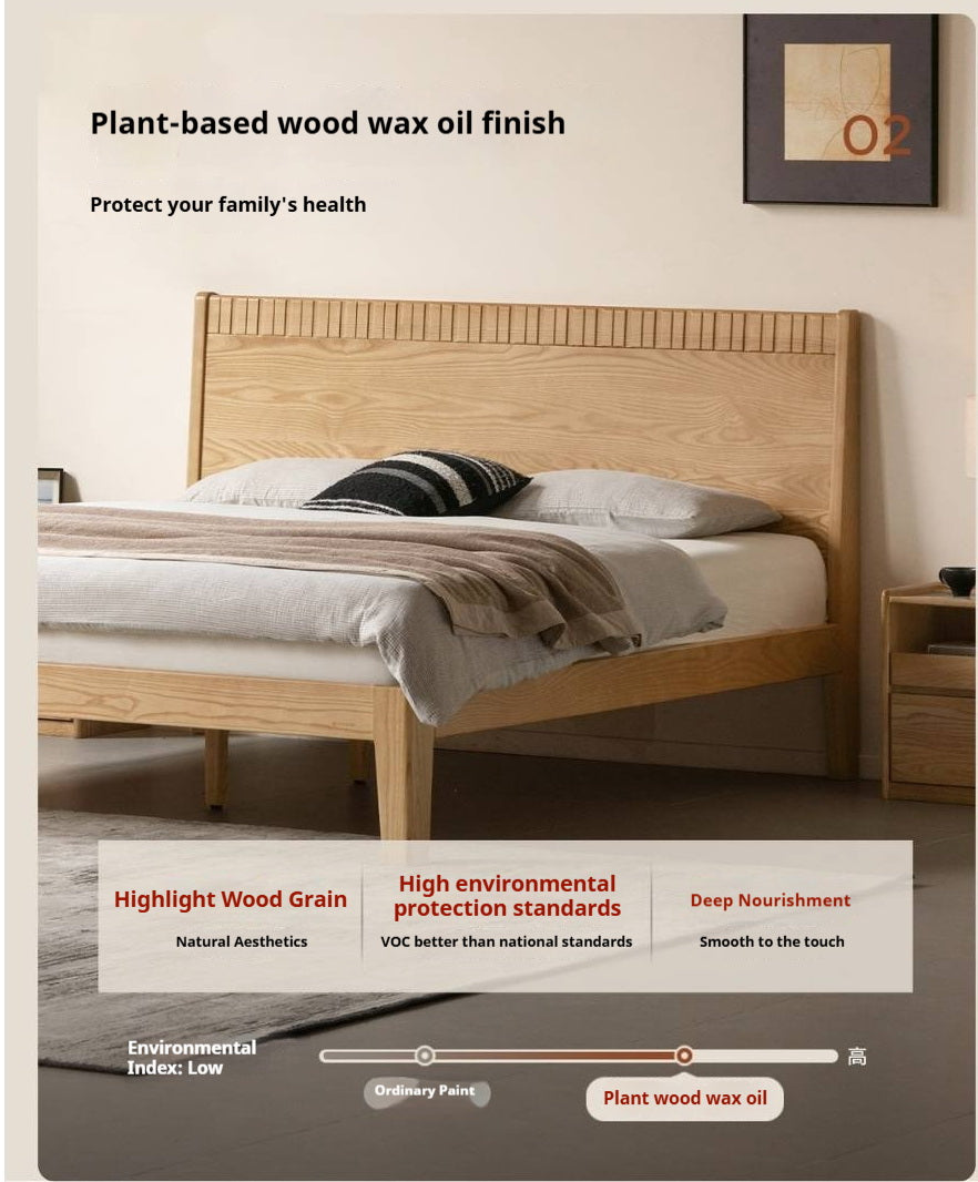 Ash Solid Wood Modern Minimalist Bed with Grooved Headboard and High Under-Bed Clearance