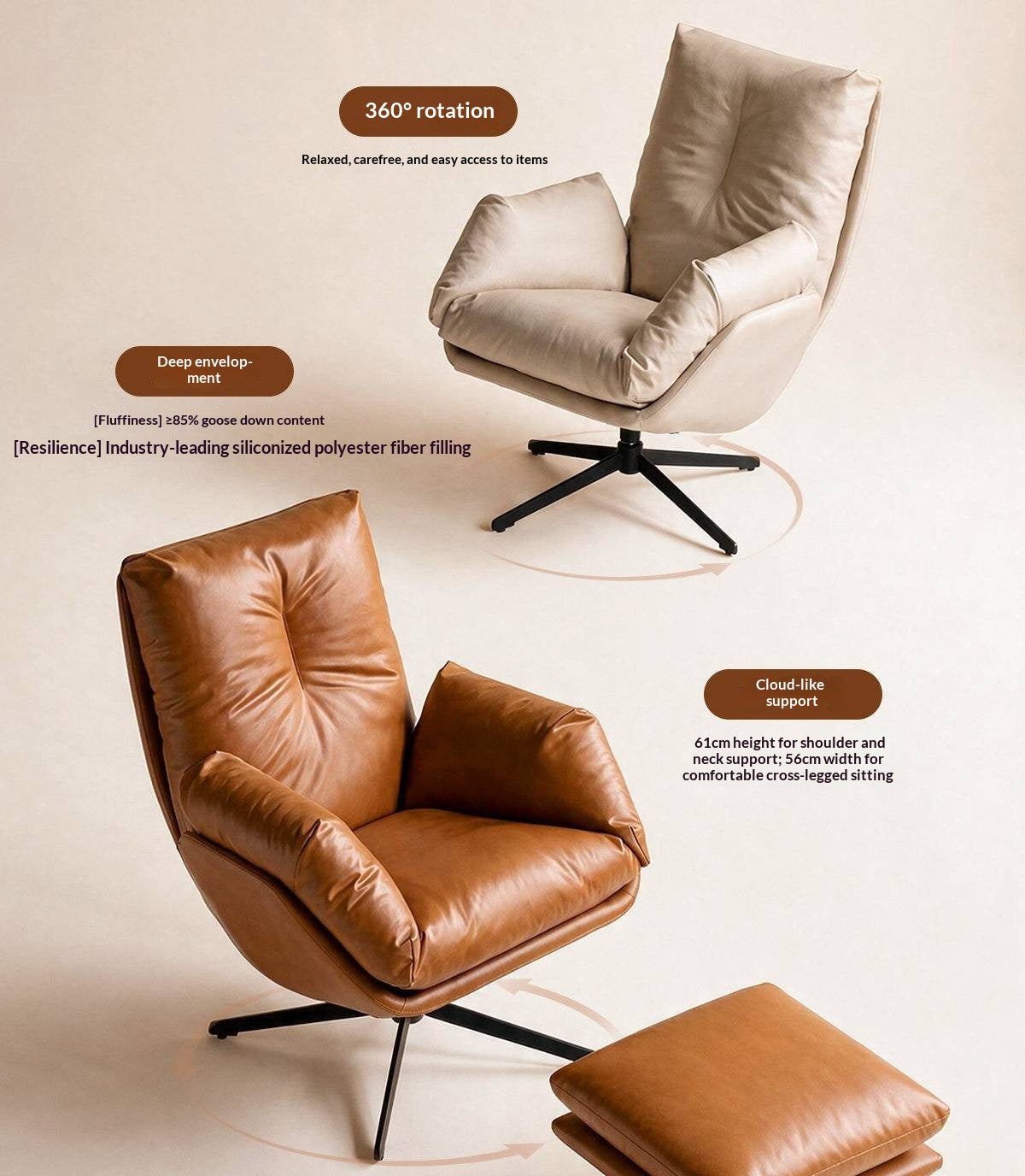 Organic Leather Italian Swivel Lounge Chair