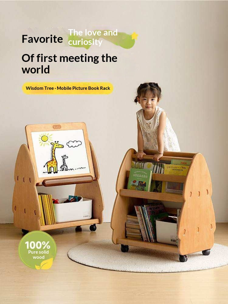Beech, Poplar Solid Wood Movable Kids Bookshelf with Wheels, Multifunctional Storage