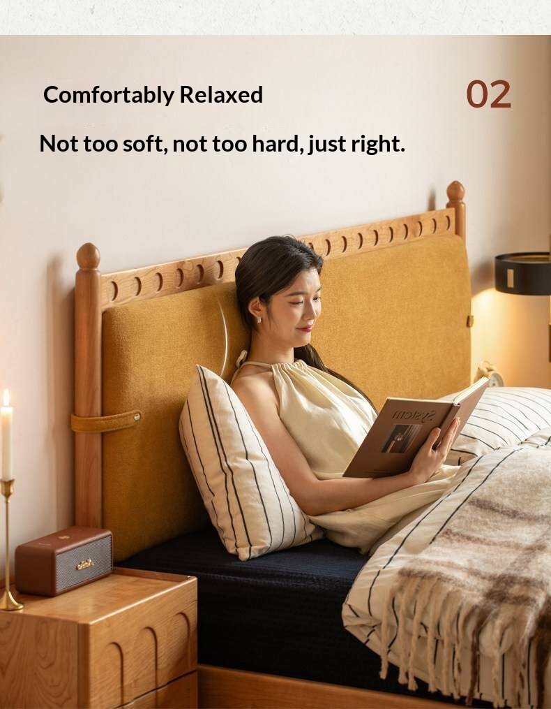 Cherry Solid Wood Double Bed with Vintage Style and Leather Upholstered Headboard