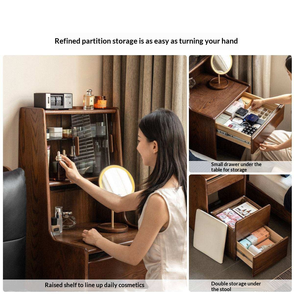 Oak Solid Wood, Rubberwood Solid Vanity Table with Drawers and Modern Minimalist Design