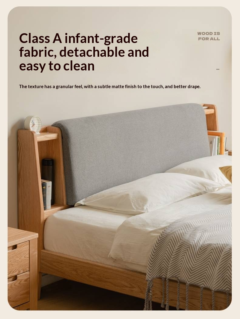 Oak Solid Wood Bed with Genuine Leather and Light Upholstery