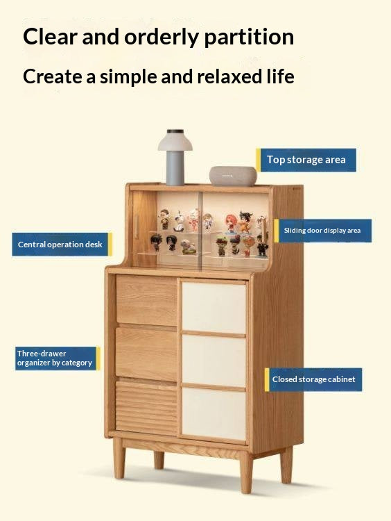 Oak Solid Wood Bar Cabinet with Glass Display and Sliding Doors
