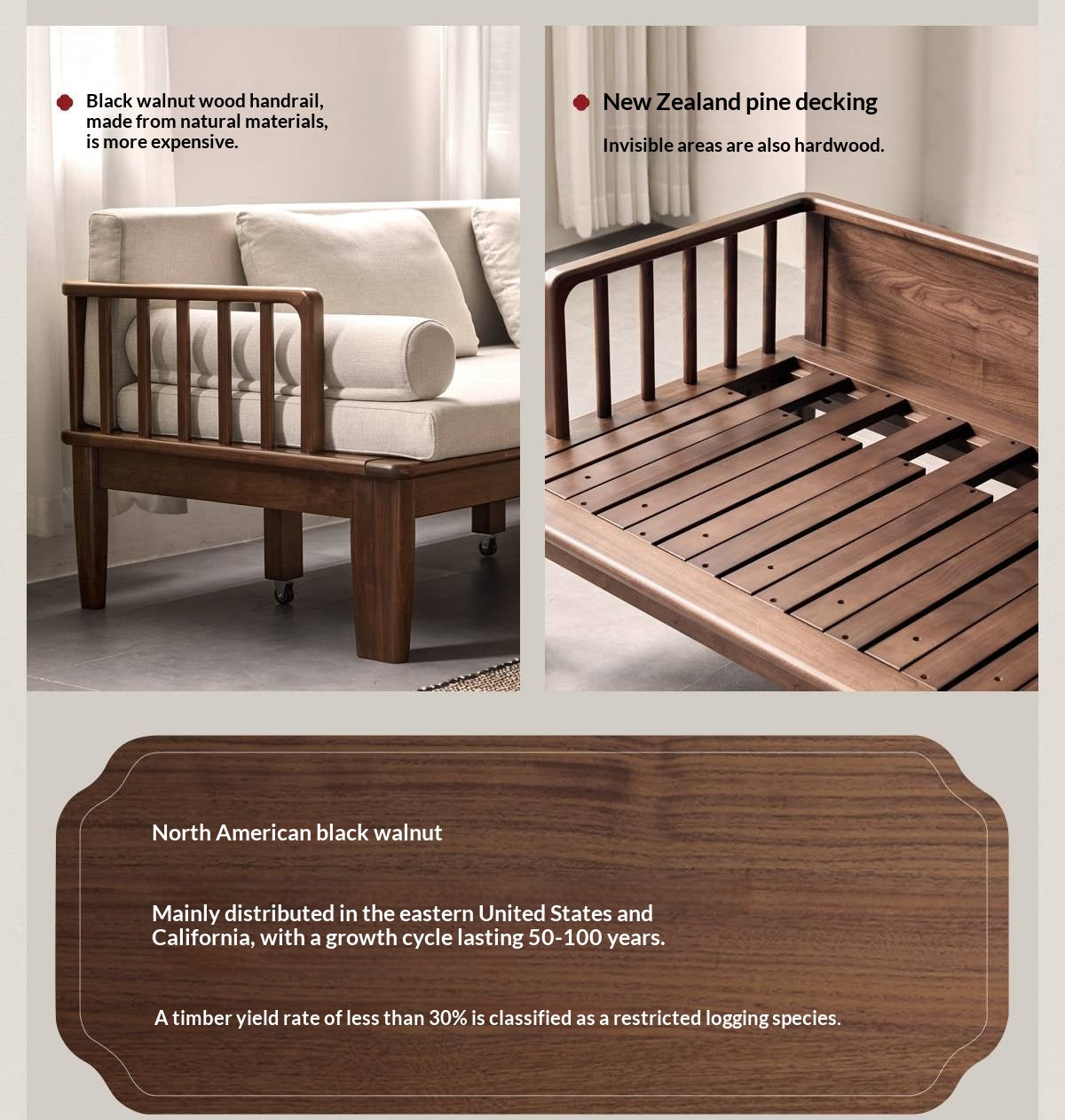 Black Walnut, Ash Solid Wood Daybed Sleeper Sofa with Slatted Wood Back and Arms