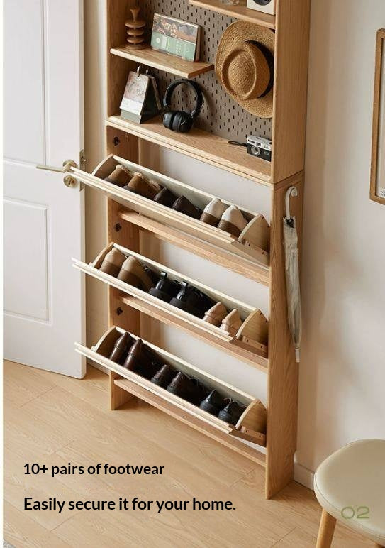 Oak Solid Wood Ultra-Thin Shoe Cabinet with Flip Door and Modern Entrance Design