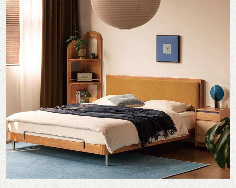 Cherry Solid Wood Bed with Modern Minimalist Design and Genuine Leather Headboard