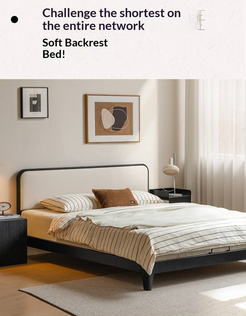 Rubberwood Solid Wood Bed — Modern Minimalist Design with Black Soft Headboard
