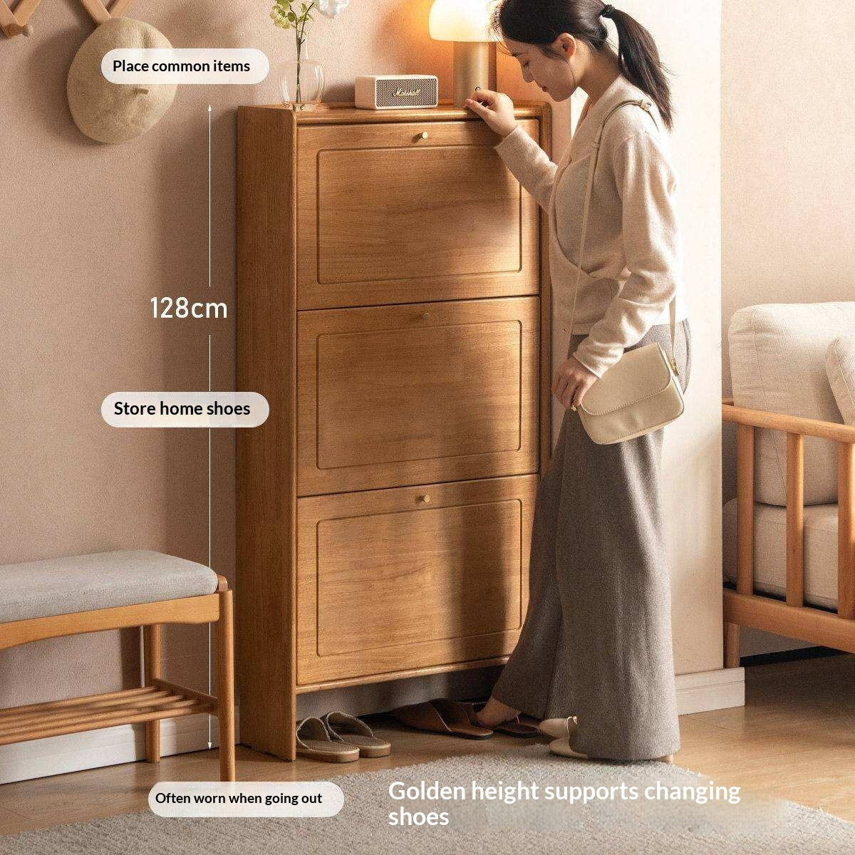 Oak Solid Wood Flip-Front Shoe Cabinet with Compact Vertical Design