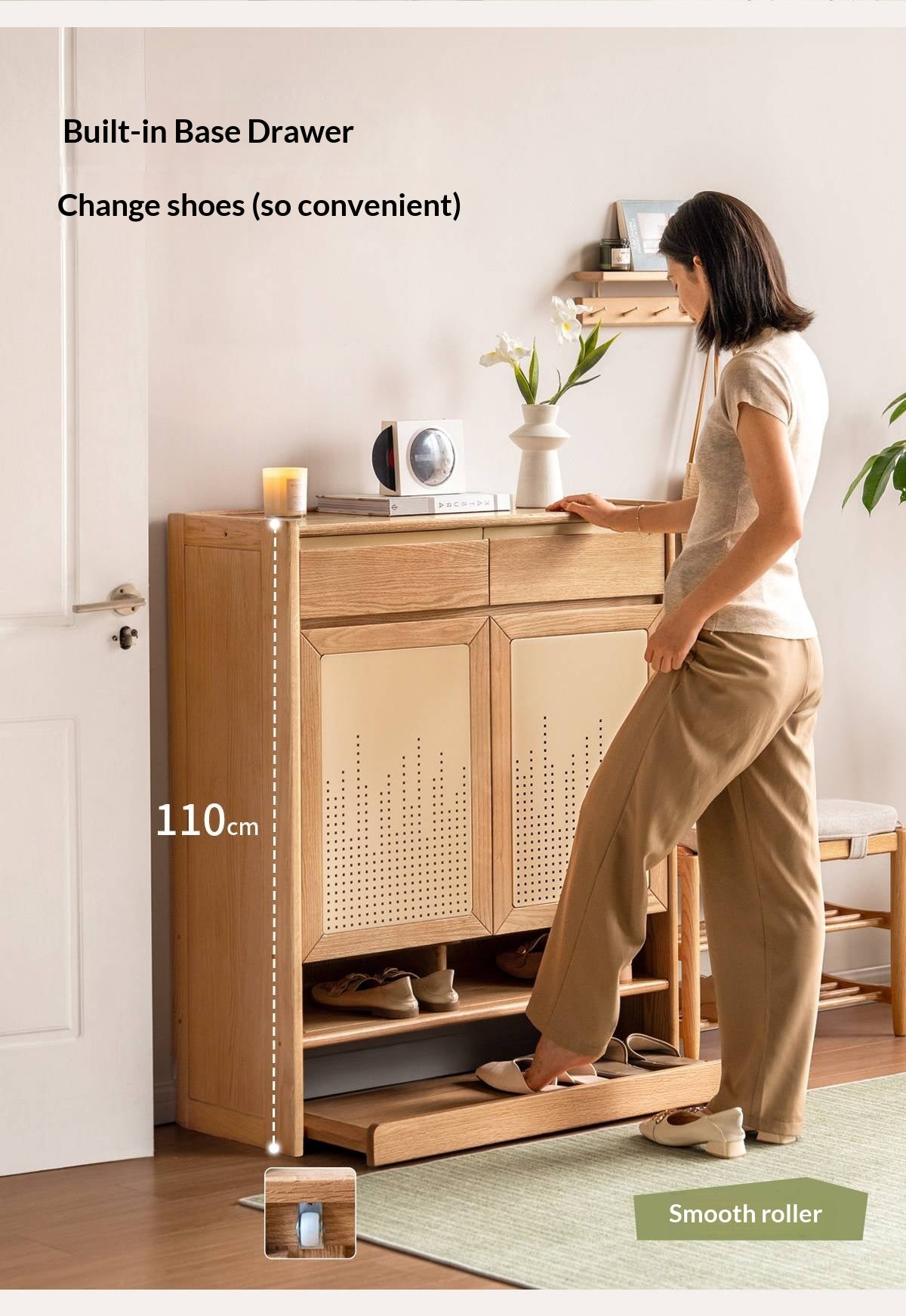 Oak Solid Wood Large Capacity Entryway Shoe Cabinet with Drawers