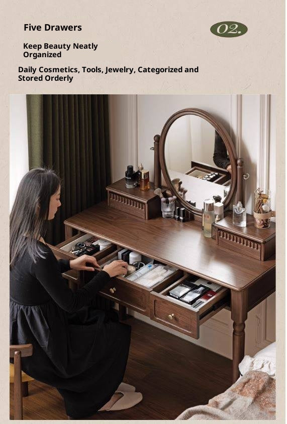 Black Walnut, Tulipwood Solid Wood Retro Style Vanity Table With Built-In Mirror