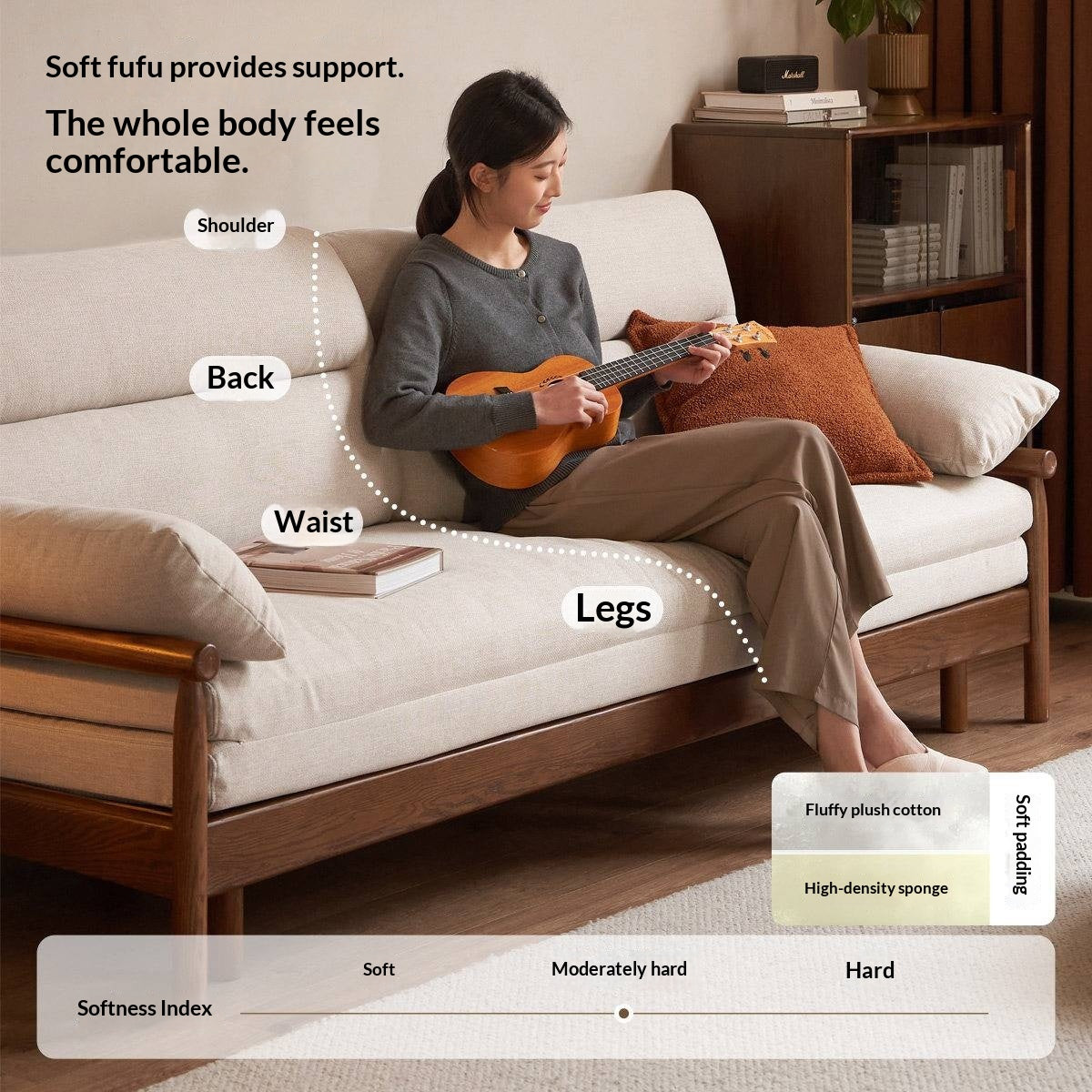 Oak Solid Wood Wood Frame Sleeper Sofa with Reclining Backrest