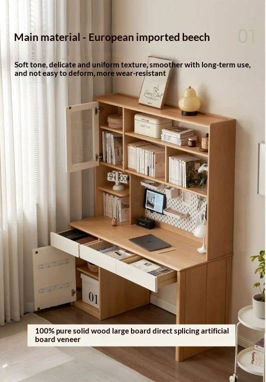 Beech Solid Wood Desk Bookshelf Integrated Study