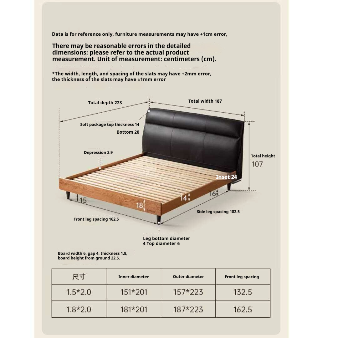 Cherry Solid Wood Genuine Leather Curved Upholstered Headboard Platform Bed