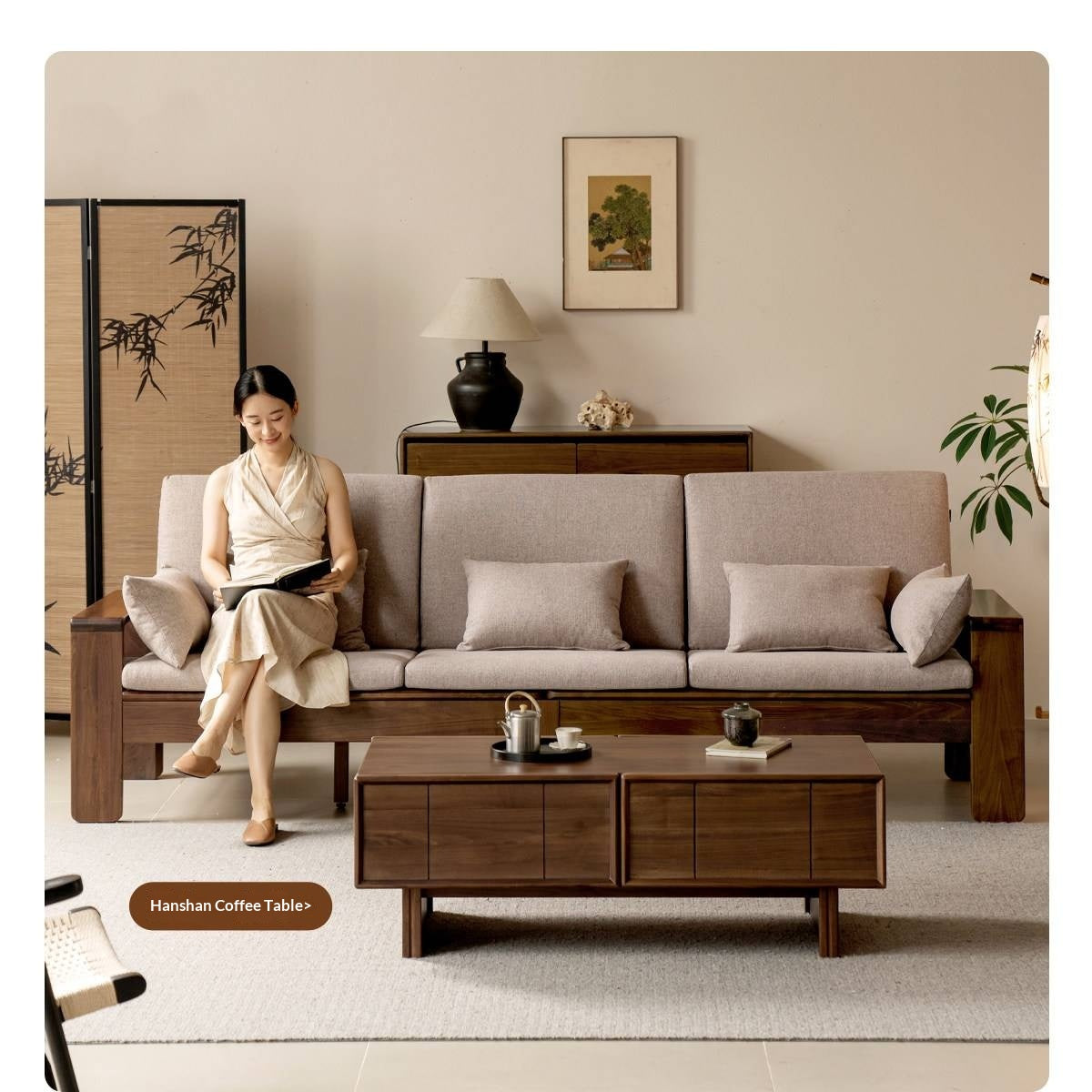 Black Walnut, Sandalwood Solid Wood Fabric Sofa with Raised Legs, Winter/Summer Use