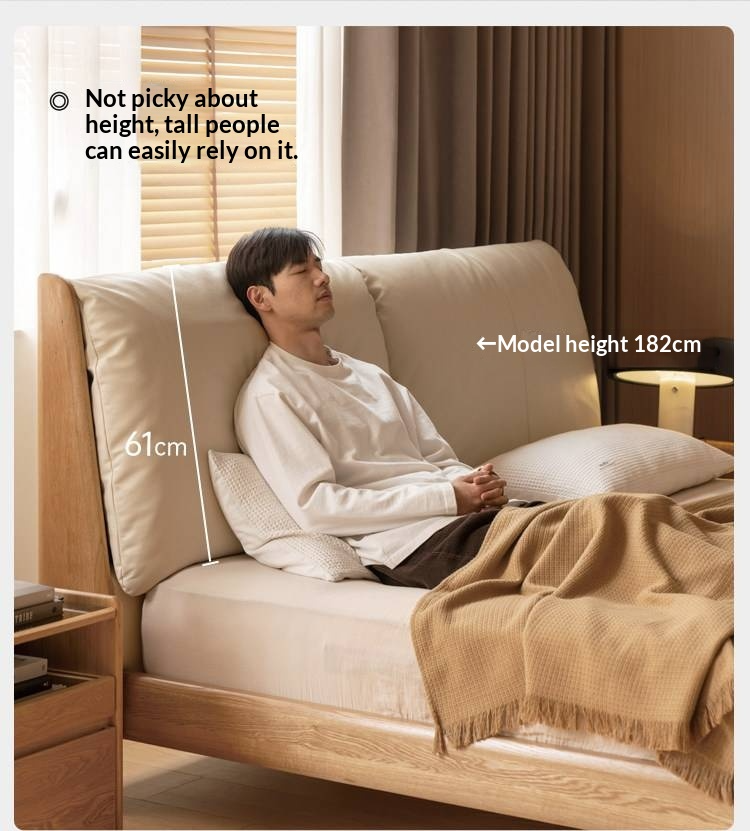 Oak Solid Wood Bed — Modern Minimalist Style with Genuine Leather and Floating Design