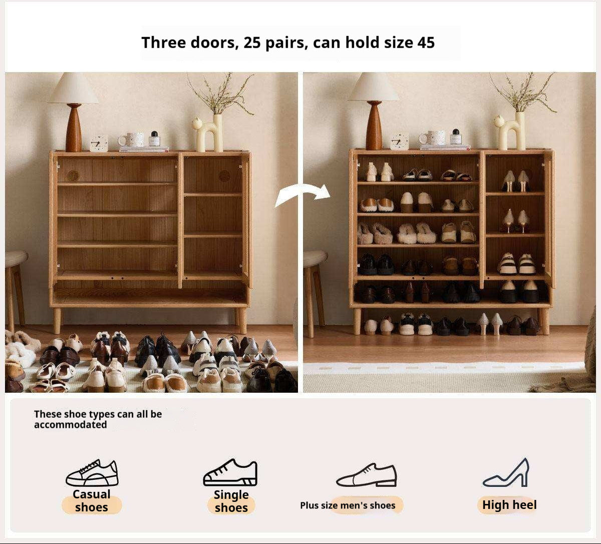 Oak Solid Wood Shoe Cabinet with Large Capacity and Vine Weaving Design