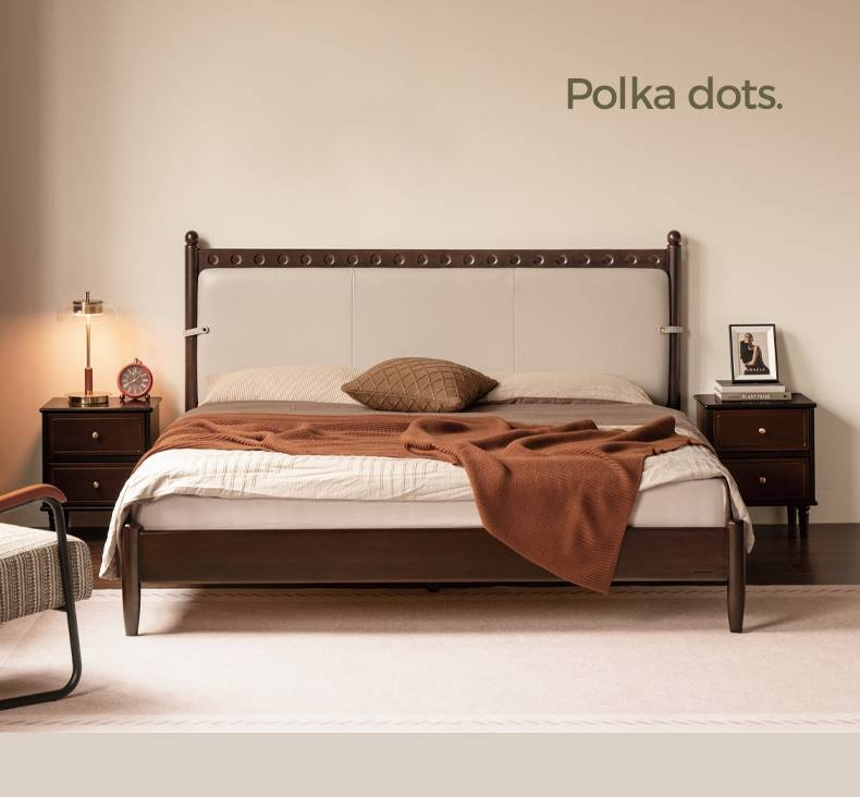 Poplar Solid Wood Genuine Leather Soft Backrest Bed Retro Vintage