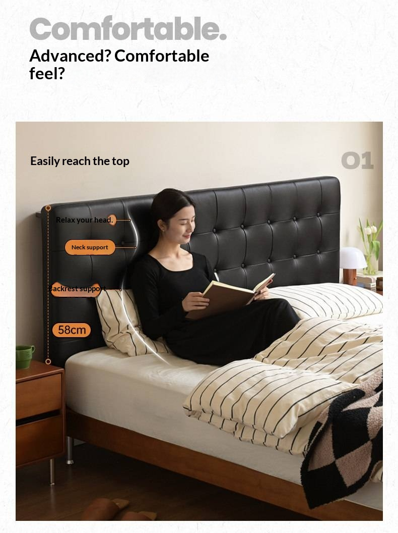 Tulipwood Solid Wood Bed — Bauhaus Style with Soft Genuine Leather Headboard