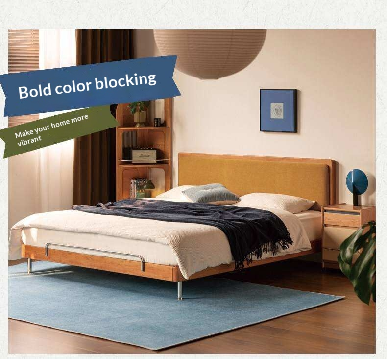 Cherry Solid Wood Bed with Modern Minimalist Design and Genuine Leather Headboard