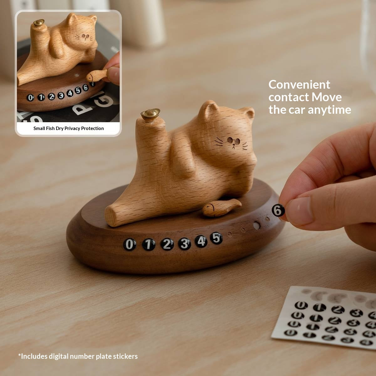 Beech, Black Walnut Solid Wood Lucky Cat Car Diffuser Ornament with Number Plate Design
