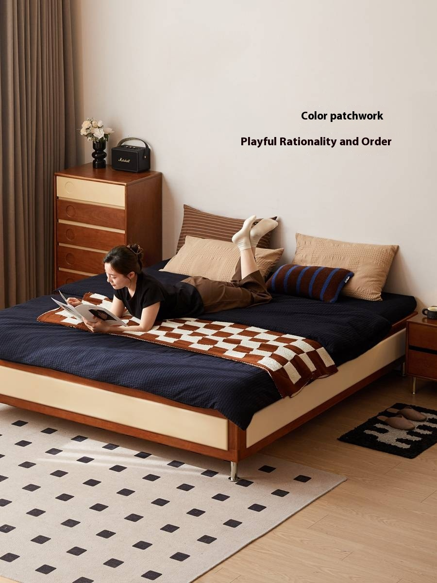 Poplar Solid Wood Bauhaus Style Platform Bed, Headboard-Free Bed