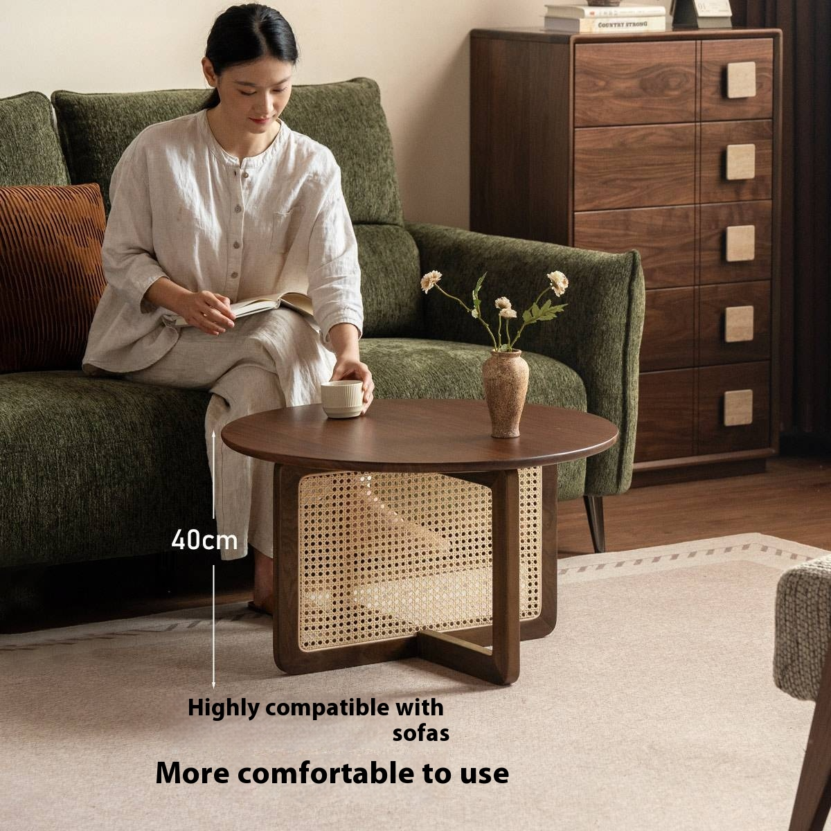 Black Walnut, Oak Solid Wood Rattan Modern Coffee Table