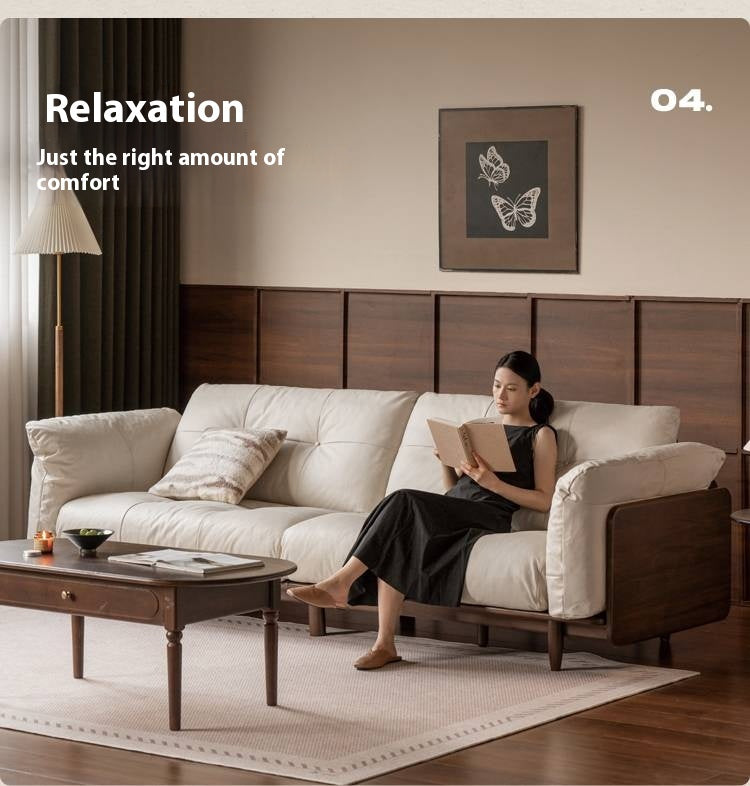 Black Walnut, Oak Solid Wood Genuine Leather Sofa Italian-Inspired