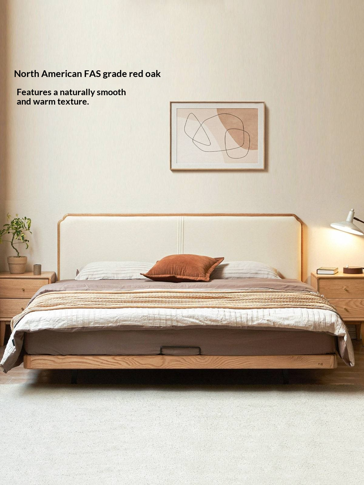 Oak Solid Wood Upholstered Bed — Modern Minimalist Design with Flush Edges