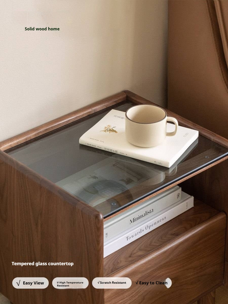 Black Walnut, Catalpa Solid Wood Nightstand Glass Countertop.