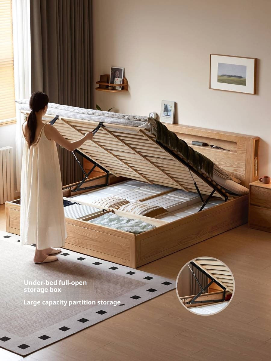 Oak Solid Wood Modern Minimalist Multifunctional with Light Box Bed