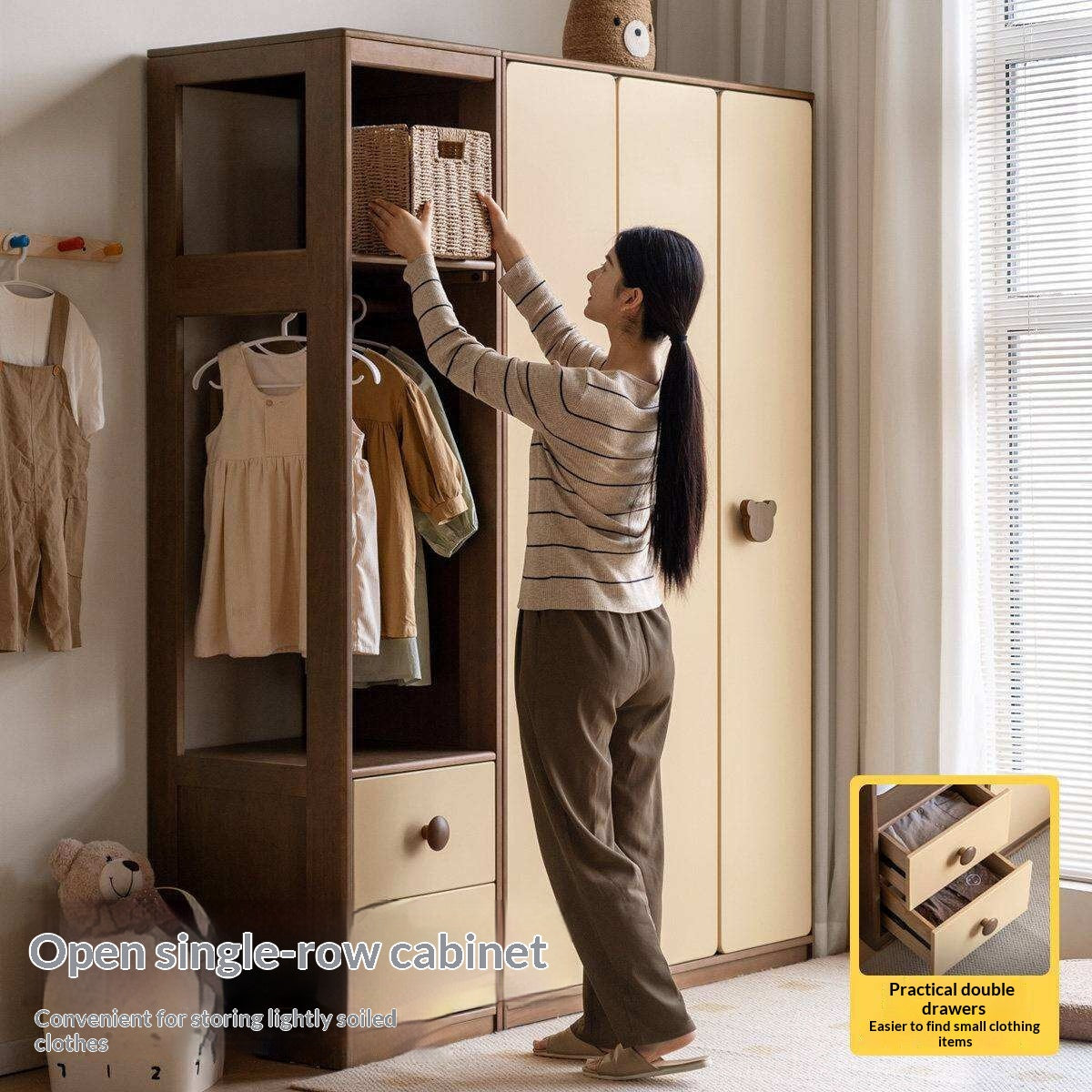 Solid RubberWood Kids Wardrobe Closet with Bear Handles and Storage Drawers