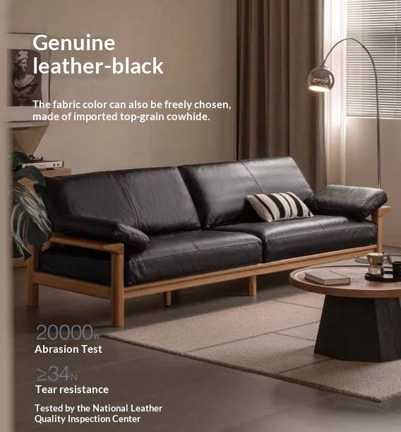 Oak, Ash Solid Wood Wabi Sabi Style Genuine Leather Sofa, fabric sofa