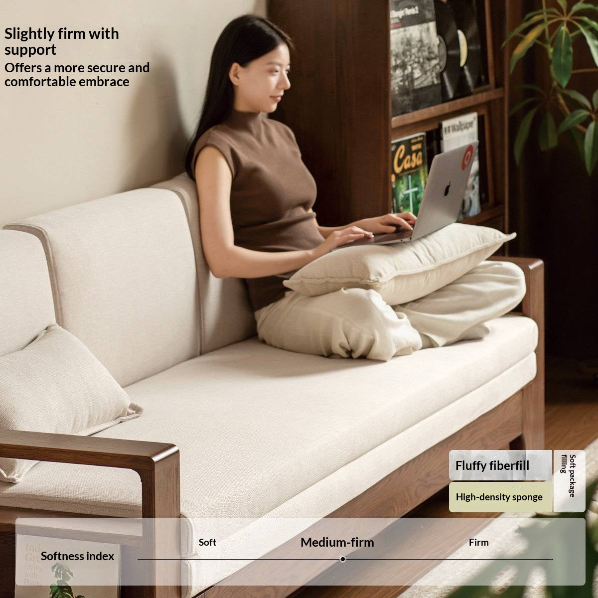 Oak, Beech Sofa Bed with Wood Frame and Side Storage Pocket