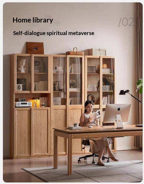 Oak Solid Wood Bookcase with Glass Doors, Large Oak Storage Cabinet for Living Room Display