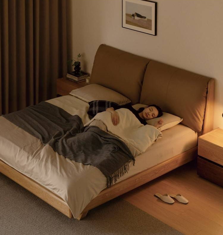 Oak Solid Wood Bed — Modern Minimalist Style with Genuine Leather and Floating Design