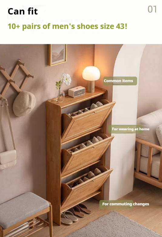 Oak Solid Wood Flip-Front Shoe Cabinet with Compact Vertical Design