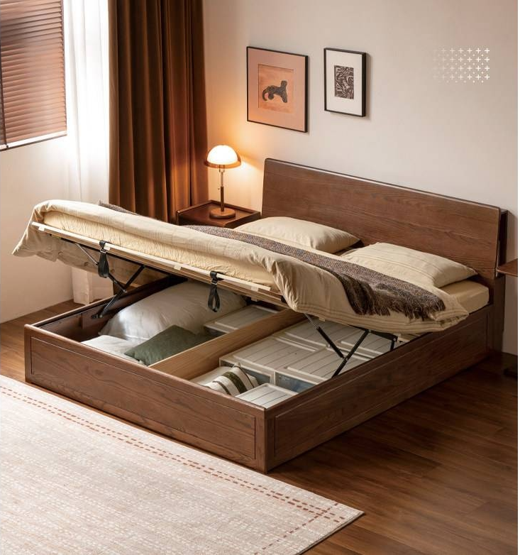 Oak, Rubberwood Solid Wood, Multifunctional Storage Box Bed