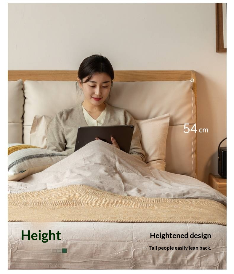 Oak Solid Wood Modern Leather Storage Bed, LED Lighting and USB Charging