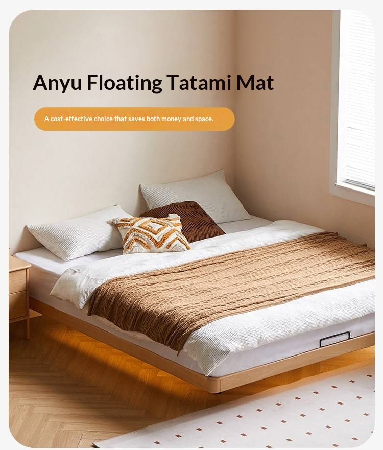 Beech Solid Wood Platform Bed, Headboard-Free Bed, Flush-Edge Floating Bed