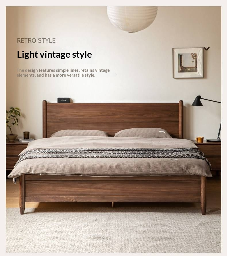 Black Walnut Solid Wood Adjustable Storage Bed with Flat Panel Headboard