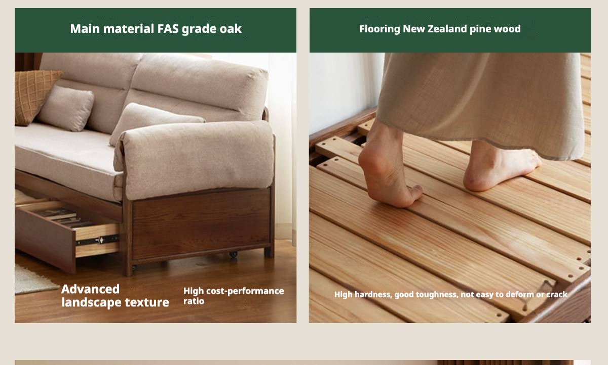 Oak Solid Wood Pull-Out Sleeper Sofa with Under-Seat Storage Drawers