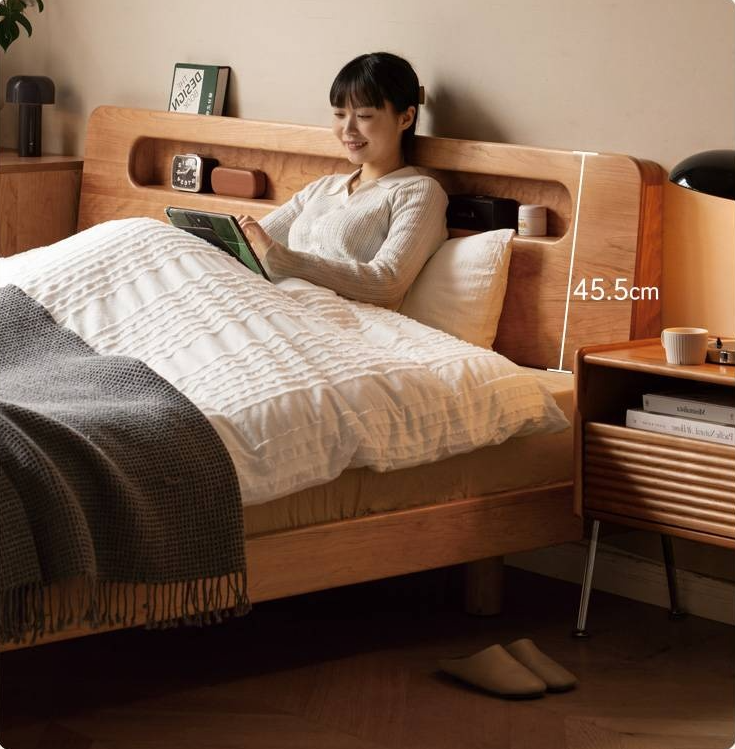 Cherry Solid Wood Retro with Socket Night Light Bed