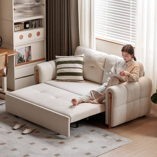 Beech Solid Wood Convertible Sofa Bed with Pull-Out Sleeper in Cream Faux Linen