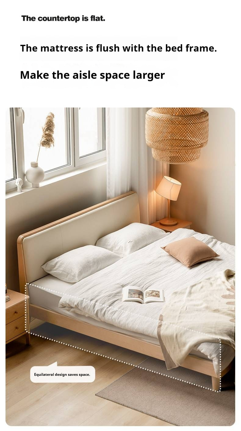 European Beech Solid Wood Bed — Soft Headboard, Simple Upholstered Light Luxury Bed