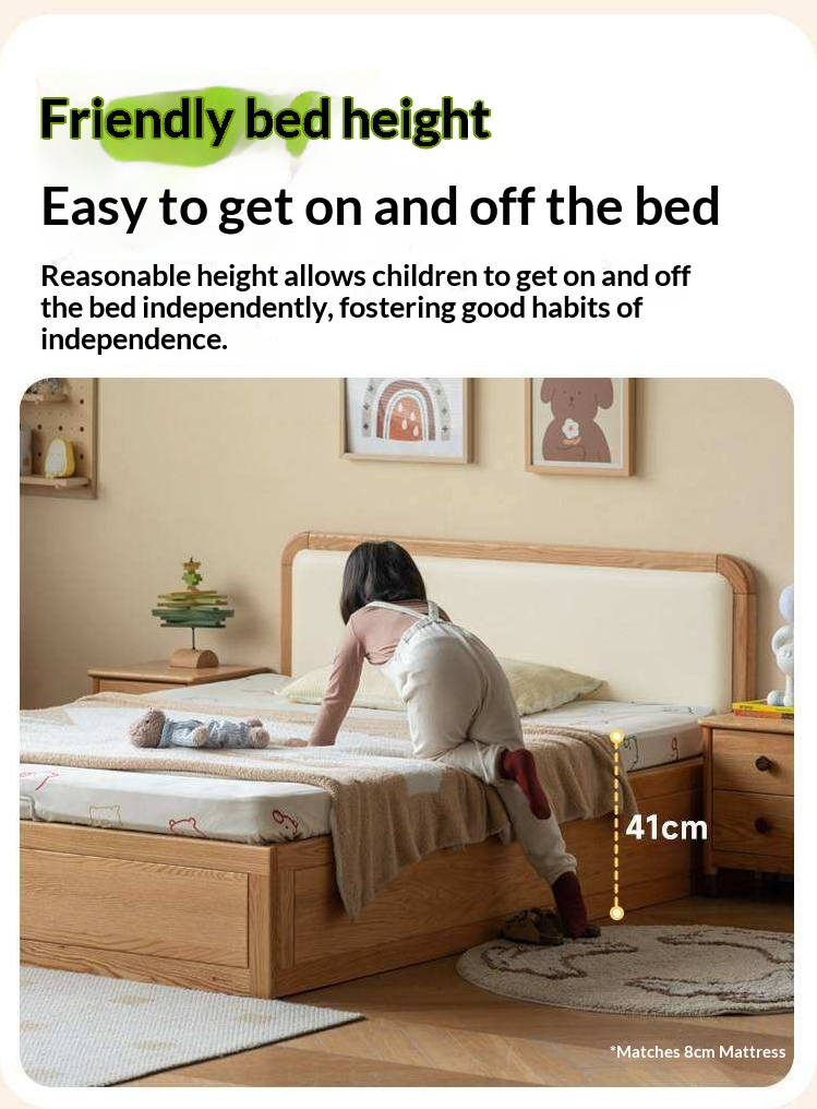 Oak, Rubberwood Solid Wood Upholstered Kids Storage Bed with Gas Lift and Rounded Headboard