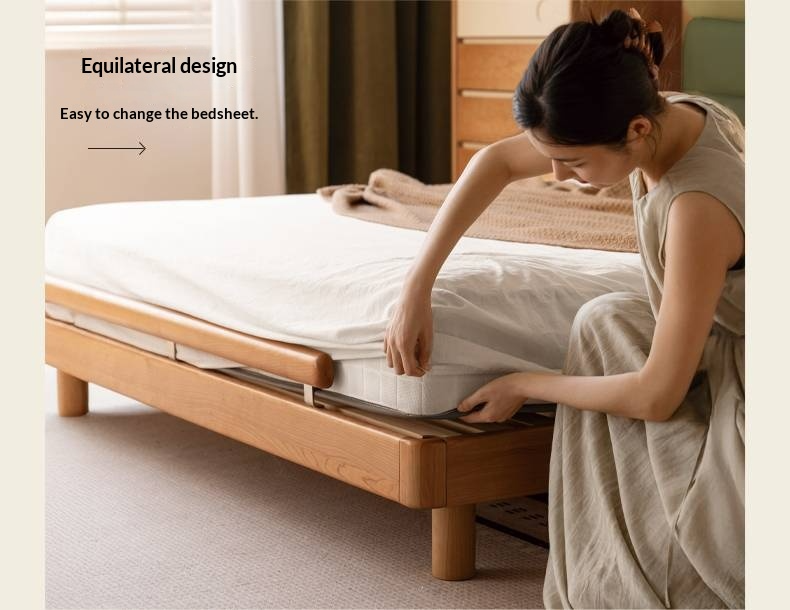 Cherry Solid Wood Fabric Soft Backrest Bed Modern Minimalist