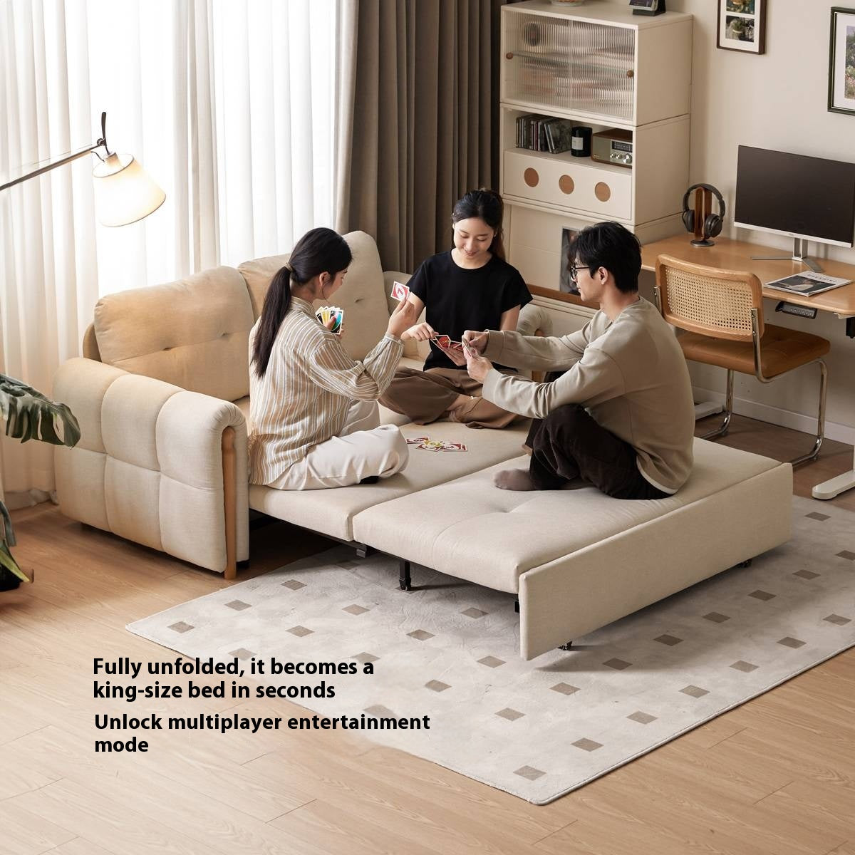 Fabric retractable sofa bed white cream style dual-purpose