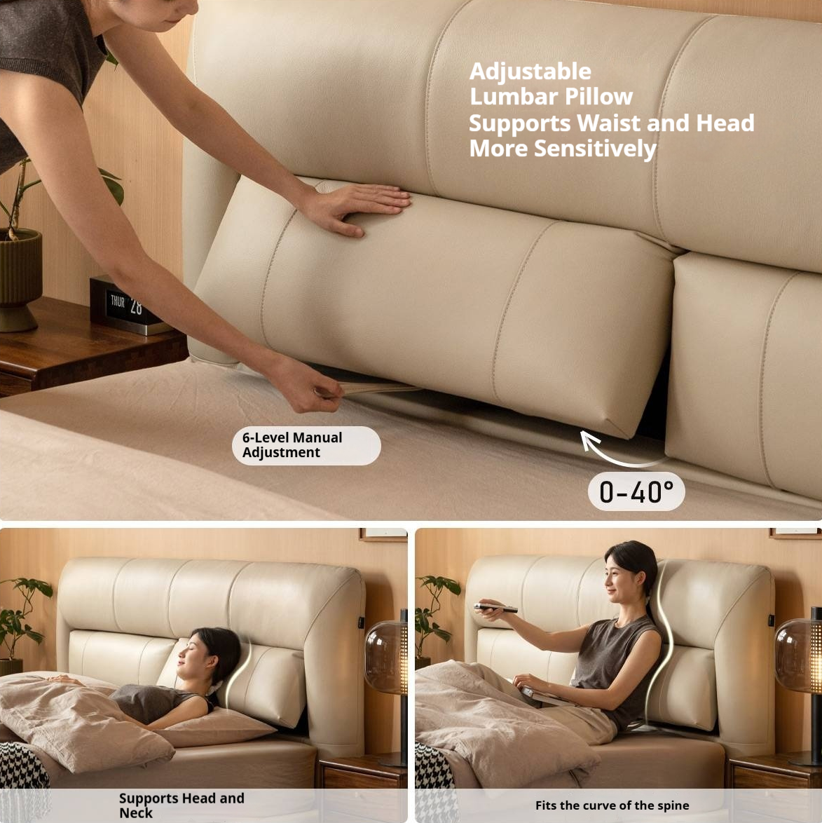 Genuine Leather Italian Light Luxury Soft Bed, White Cream Style