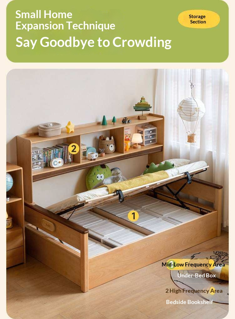 Beech Solid Wood Kids Storage Bed with Bookcase Headboard and Gas Lift Base
