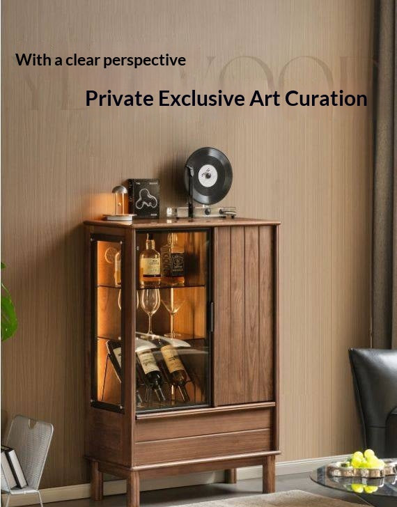 Black Walnut Solid Wood, Solid Longan Hardwood Wine Bar Cabinet with LED Lighting and Glass Door